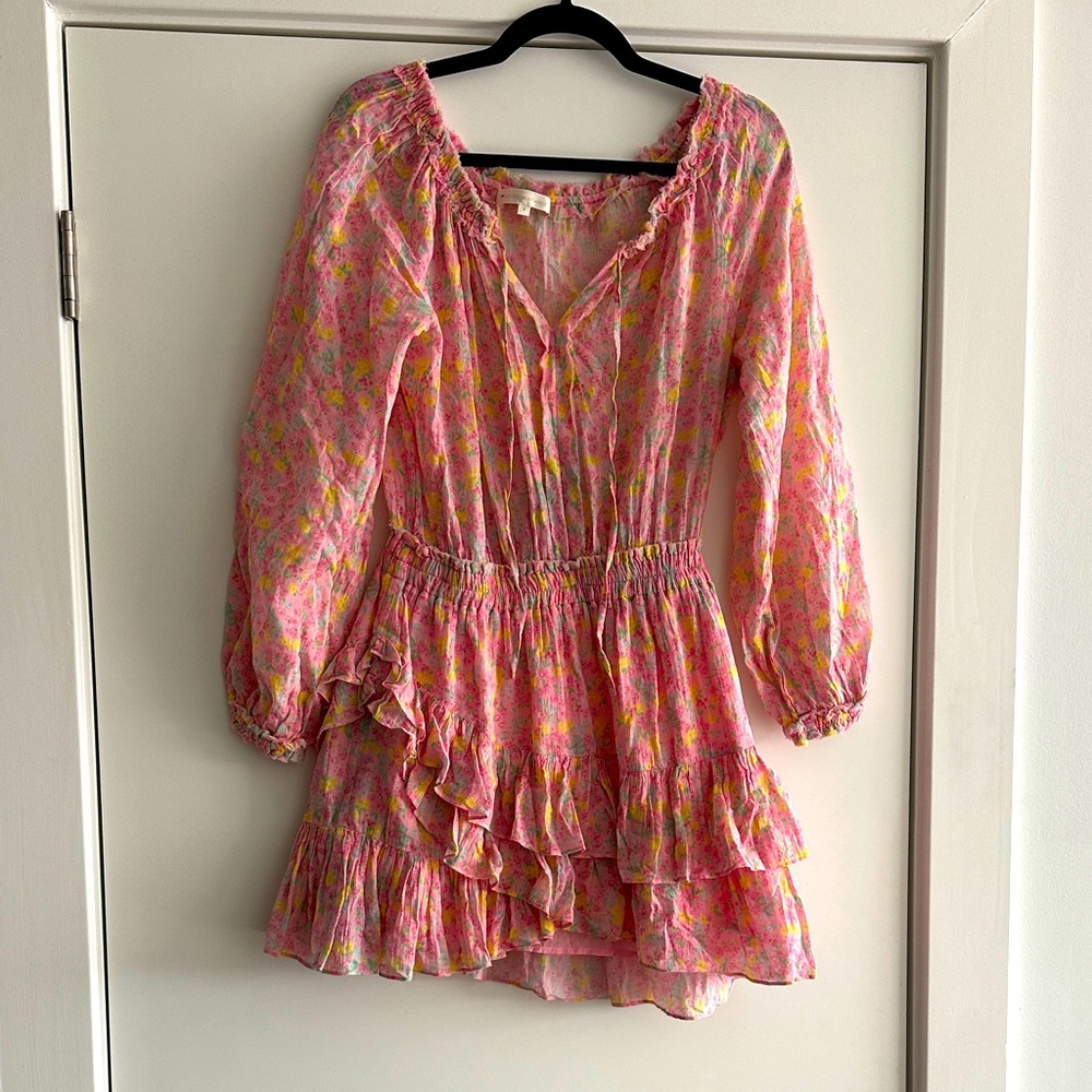 LoveShackFancy Popover Pink Floral Ruffle Tiered Long Sleeve Dress
